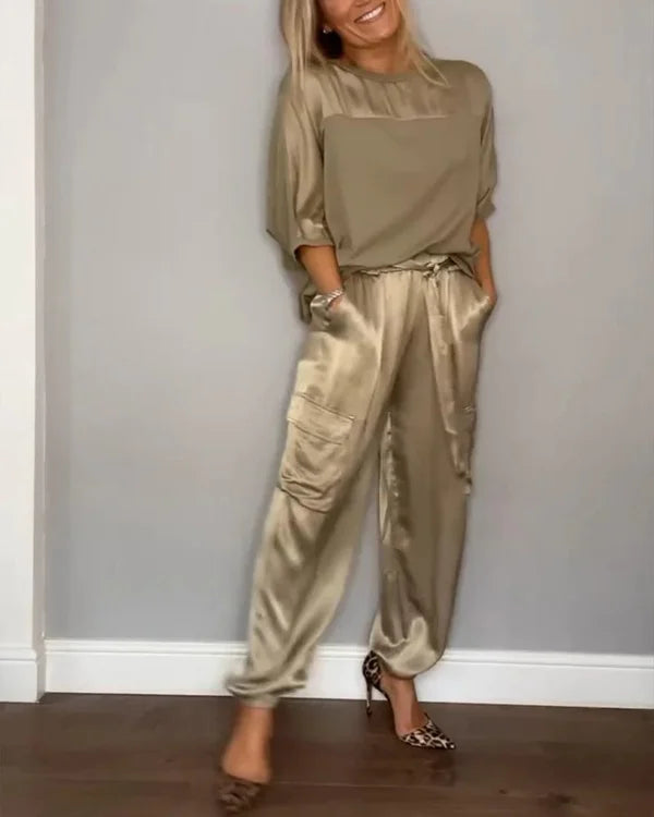 Margaux™ 🔥 50% DE RÉDUCTION !!🔥 Ensemble Top et Pantalon en Satin Lisse à Manches Demi-longues💝ACHETEZ 2 ENSEMBLES LIVRAISON GRATUITE